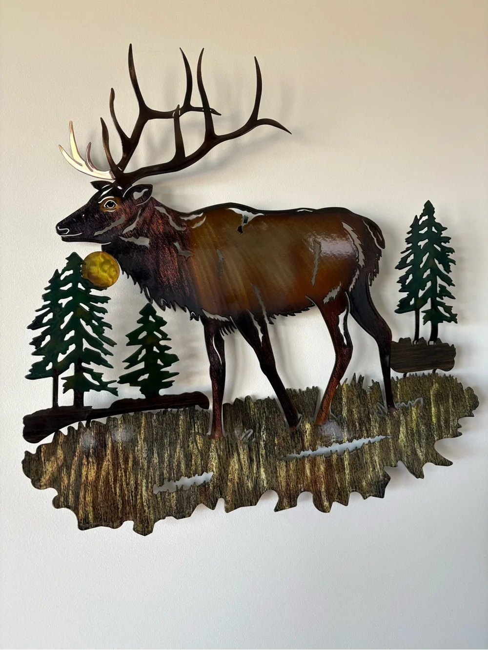 Metal Elk Wall Art in Brown and Green - Rustic Home Wall Decor